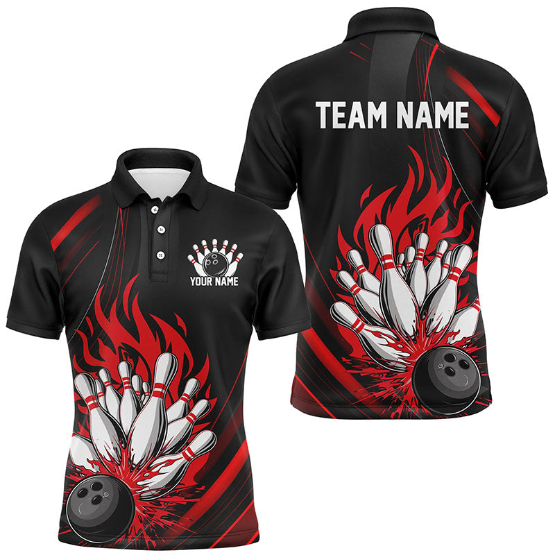 Personalized Bowling Shirts For Men, Black And Red Flame Bowling Team Shirts Bowlers Outfit IPHW7207
