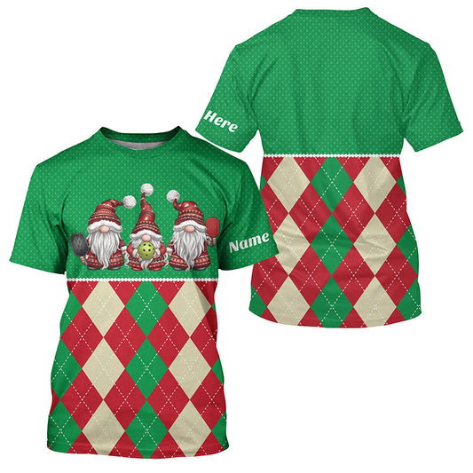 Green And Red Argyle Pattern Custom Christmas Gnomies Pickleball T-Shirts For Men, Christmas Pickleball Gift IPHW7754