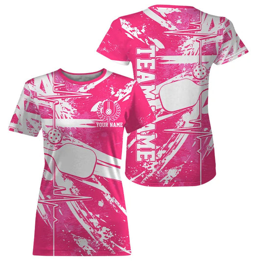 Pink And White Pickleball Heartbeat Pulse Line Custom Pickleball Team T-Shirts For Women IPHW8212