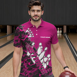 Custom Pink Camo Strike Bowling Polo Shirts For Men, Strike Team Bowling League Shirt Shirt IPHW8444