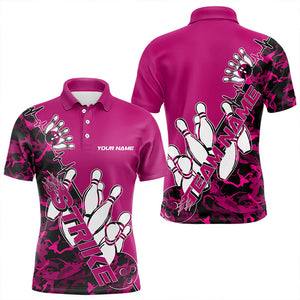 Custom Pink Camo Strike Bowling Polo Shirts For Men, Strike Team Bowling League Shirt Shirt IPHW8444