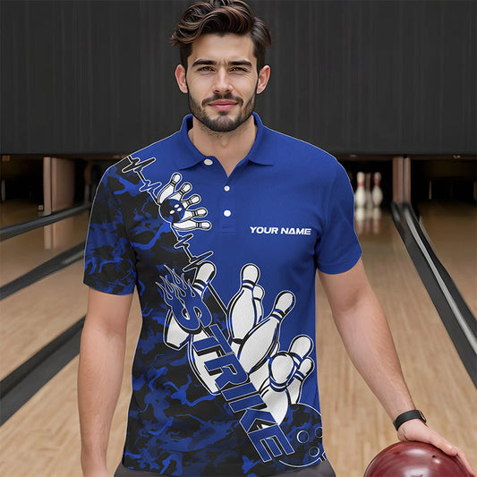 Custom Blue Camo Strike Bowling Polo Shirts For Men, Strike Team Bowling League Shirt Shirt IPHW8446