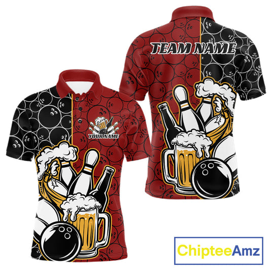Custom Black And Red Retro Bowling Beer Team Shirts For Men, Bowling Pattern Jerseys IPHW10536