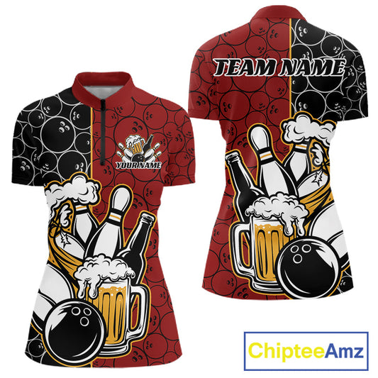 Custom Black And Red Retro Bowling Beer Team Shirts For Women, Bowling Pattern Jerseys IPHW10536