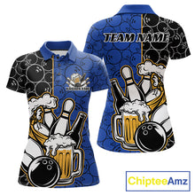 Load image into Gallery viewer, Custom Black And Blue Retro Bowling Beer Team Shirts For Women, Bowling Pattern Jerseys IPHW10537