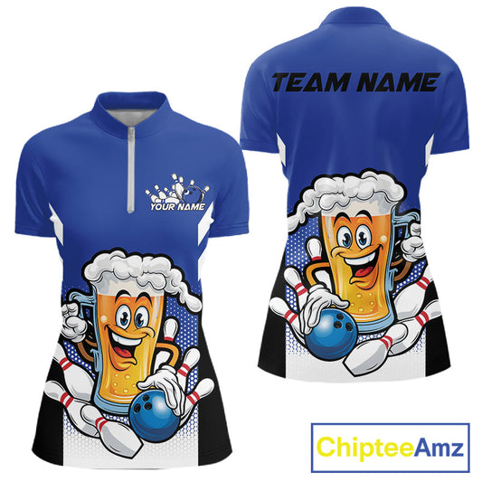 Custom Funny Blue Bowling Jerseys Bowling And Beer Women Shirts, Bowling Jerseys IPHW10541