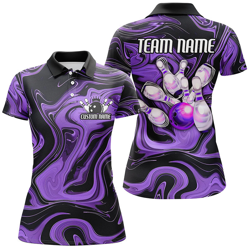 Purple Bowling Ball And Pins Custom Bowling Team Shirts For Women, Ladies Bowlers Outfit IPHW6173