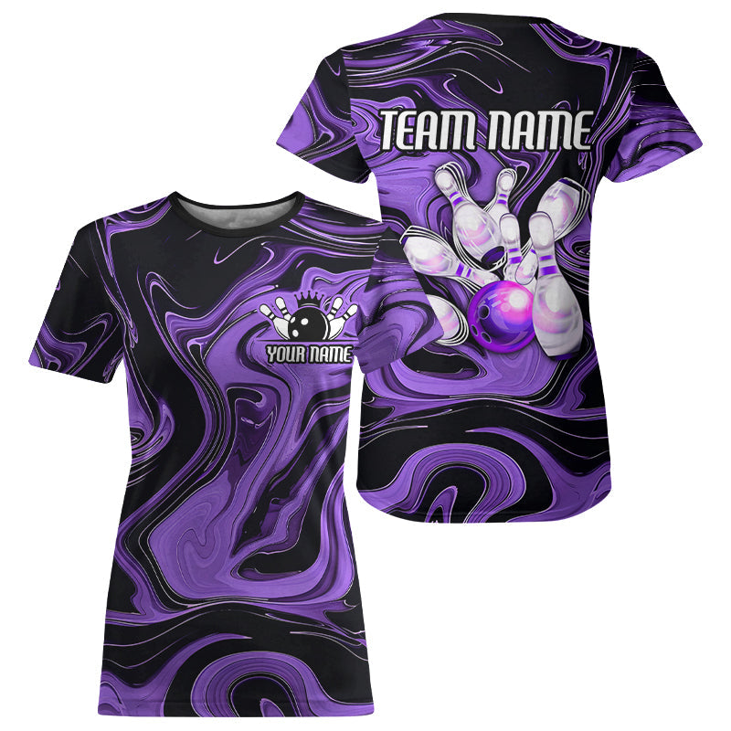 Purple Bowling Ball And Pins Custom Bowling T-Shirts For Women, Purple Bowlers Outfit IPHW6173
