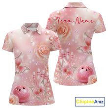 Load image into Gallery viewer, Front and back mockup of a women’s bowling polo shirt adorned with glitter butterflies, diamonds, bowling pins, and a bowling ball centerpiece.