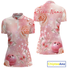 Load image into Gallery viewer, Front and back display of a women’s bowling quarter-zip shirt featuring pink glitter butterfly artwork, diamonds, bowling pins, and bowling ball graphics.