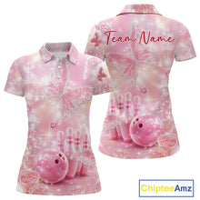 Load image into Gallery viewer, Front and back display of a women’s bowling polo shirt showcasing pink glitter butterflies, diamonds, bowling pins, and bowling ball graphics.