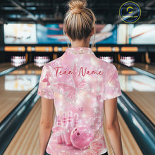 Load image into Gallery viewer, Back view of a female model wearing a women’s bowling quarter-zip shirt with pink glitter butterflies, diamonds, bowling pins, and a bowling ball.