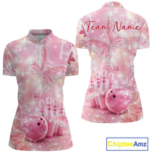 Load image into Gallery viewer, Women’s bowling quarter-zip shirt displayed front and back with pink glitter butterflies, diamonds, bowling pins, and a bowling ball centerpiece.