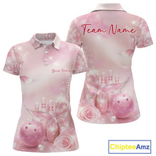 Load image into Gallery viewer, Front and back view of a women’s bowling polo shirt decorated with sparkling butterflies, diamond details, bowling pins, and a bowling ball illustration.