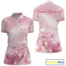 Load image into Gallery viewer, Front and back mockup of a women’s bowling quarter-zip shirt decorated with pink glitter butterflies, sparkling diamonds, bowling pins, and a bowling ball.