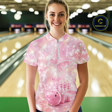 Load image into Gallery viewer, Female model at a bowling lane wearing a quarter-zip bowling shirt with glitter butterfly graphics, diamond accents, bowling pins, and a bowling ball.