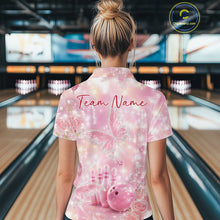 Load image into Gallery viewer, Back view of a female model in a bowling alley wearing a quarter-zip shirt showcasing pink glitter butterflies, diamonds, bowling pins, and bowling artwork.