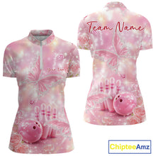 Load image into Gallery viewer, Front and back view of a women’s bowling quarter-zip shirt featuring pink glitter butterflies, diamonds, bowling pins, and a bowling ball motif.