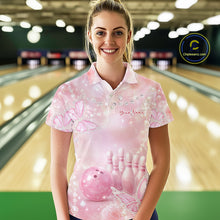 Load image into Gallery viewer, Female model in a bowling center wearing a bowling polo shirt with glitter butterfly accents, roses, bowling pins, and a bowling ball illustration.