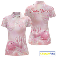 Load image into Gallery viewer, Front and back view of a women’s bowling polo shirt decorated with pink glitter butterflies, roses, bowling pins, and bowling-themed artwork.