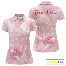 Load image into Gallery viewer, Front and back mockup of a women’s bowling polo shirt showcasing pink glitter butterflies, roses, bowling pins, and a bowling ball motif.