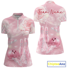 Load image into Gallery viewer, Custom Elegant Roses And Butterfly Women Bowling Quarter-Zip Shirt, Ladies Bowling Shirt IPHW11068