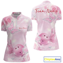 Load image into Gallery viewer, Front and back view of a women’s bowling quarter-zip shirt featuring pink glitter butterflies, roses, bowling pins, and a bowling ball motif.
