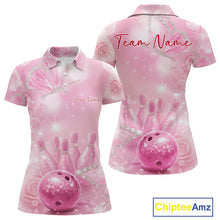 Load image into Gallery viewer, Front and back view of a women’s bowling polo shirt featuring pink glitter butterflies surrounding bowling pins and a bowling ball.