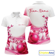 Load image into Gallery viewer, Front and back view of a women s white and pink bowling polo shirt with butterfly artwork and bowling-themed graphics.