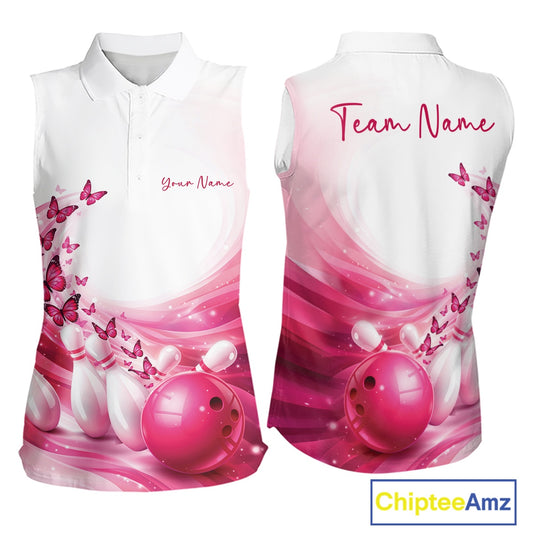 Custom Pink Butterfly Bowling Women Sleeveless Polo Shirt, Ladies Bowling Team Outfits IPHW11348