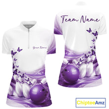 Load image into Gallery viewer, Women s white and purple bowling quarter zip mockup displayed from front and back with butterfly accents and bowling graphics.