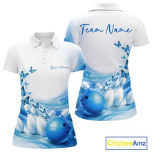 Load image into Gallery viewer, Front and back mockup of a women s white and blue bowling polo shirt featuring butterfly accents and bowling graphics.
