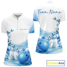 Load image into Gallery viewer, Front and back mockup of a women s white and blue bowling quarter zip featuring butterfly artwork and bowling-themed graphics.