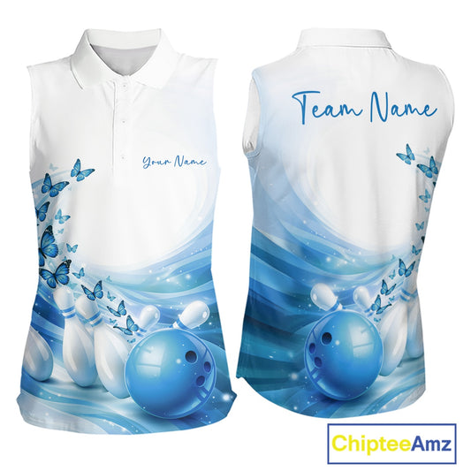 Custom Blue Butterfly Bowling Women Sleeveless Polo Shirt, Ladies Bowling Team Outfits IPHW11350