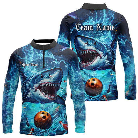 Custom Shark Team Bowling Long Sleeve Quarter-Zip Shirts For Men, Shark Bowling Team Outfits IPHW8007