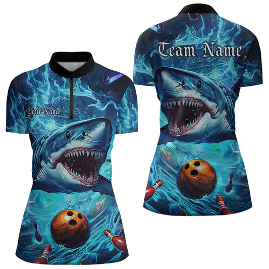 Custom Shark Team Bowling Quarter-Zip Shirts For Women, Shark Bowling Team Outfits IPHW8007