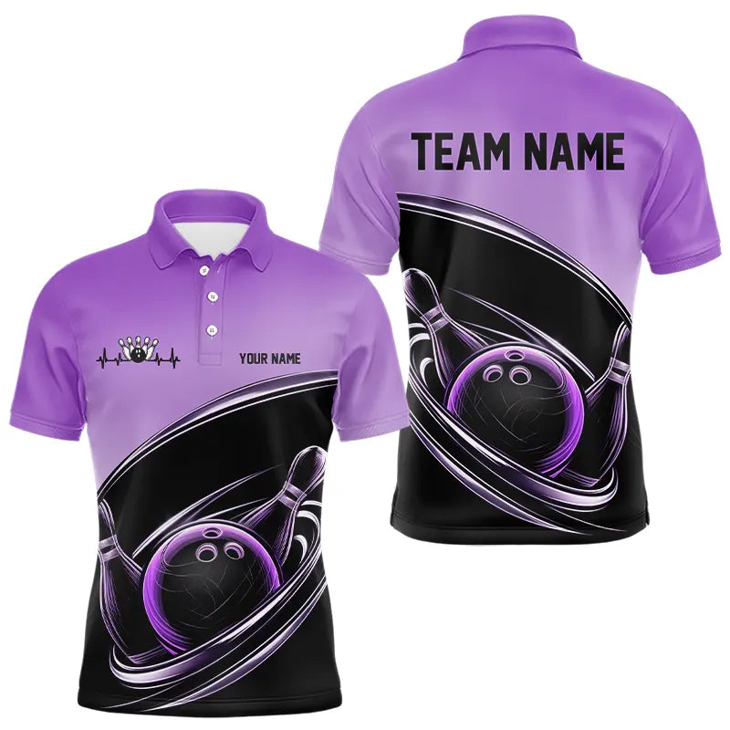 Custom Black And Purple Bowling Polo Shirts For Men, Bowling Team Uniform Bowlers Outfit IPHW8232