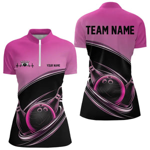 Custom Black And Pink Bowling Quarter-Zip Shirts For Women, Bowling Team Uniform IPHW8233