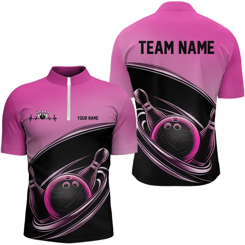 Custom Black And Pink Bowling Quarter-Zip Shirts For Men, Bowling Team Uniform Bowlers Outfit IPHW8233