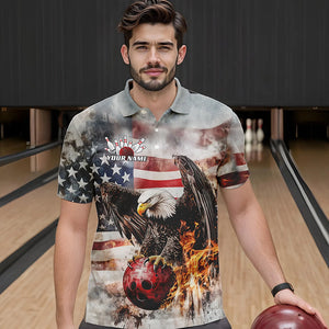 Custom Vintage US Flag Eagle Bowling Polo Shirts For Men, Flame Eagle Patriotic Bowling Shirt IPHW8452