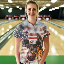 Load image into Gallery viewer, Custom Vintage US Flag Eagle Womens Bowling Polo Shirt, Flame Eagle Patriotic Bowling Shirt IPHW8452