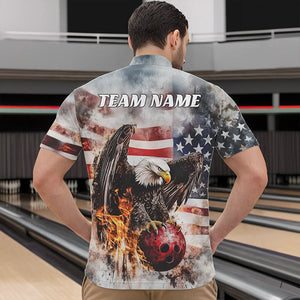 Custom Vintage US Flag Eagle Bowling Quarter-Zip Shirts For Men, Flame Eagle Patriotic Bowling Shirt IPHW8452