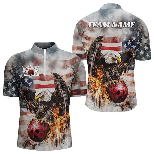 Custom Vintage US Flag Eagle Bowling Quarter-Zip Shirts For Men, Flame Eagle Patriotic Bowling Shirt IPHW8452