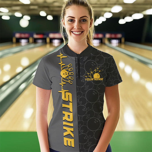Custom Black And Gold Strike Ladies Bowling Quarter-Zip Shirt, Striking Team Bowling Jersey IPHW8456
