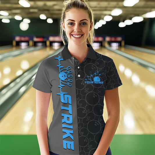 Custom Black And Blue Strike Bowling Polo Shirts For Women, Striking Team Bowling Jerseys IPHW8458