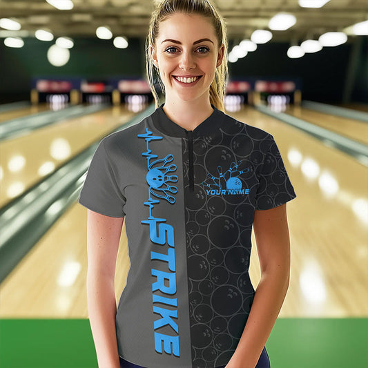 Custom Black And Blue Strike Ladies Bowling Quarter-Zip Shirt, Striking Team Bowling Jersey IPHW8458