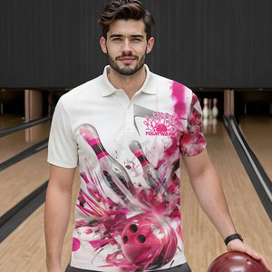 Custom White And Pink Custom Bowling Polo Shirts For Men, Bowling Tournament Team Shirt IPHW8460