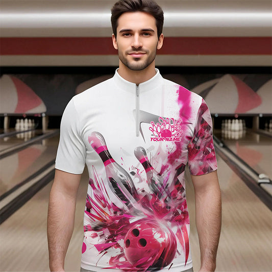 Custom White And Pink Custom Bowling Quarter-Zip Shirts For Men, Bowling Tournament Team Shirt IPHW8460