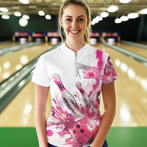 Custom White And Pink Custom Ladies Bowling Quarter-Zip Shirt, Bowling Tournament Shirt IPHW8460