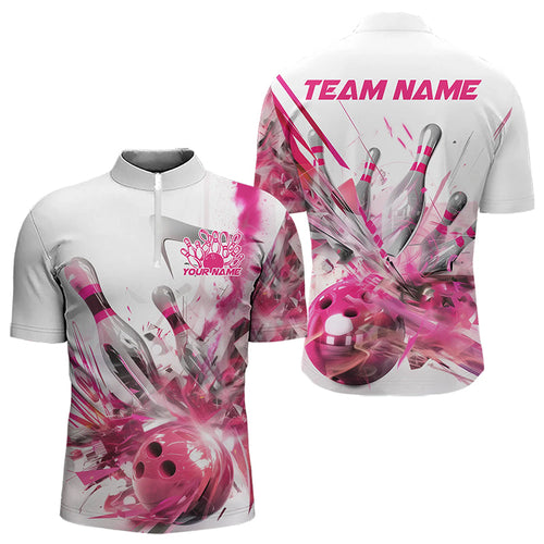 Custom White And Pink Custom Bowling Quarter-Zip Shirts For Men, Bowling Tournament Team Shirt IPHW8460